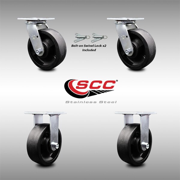 6 Inch SS Glass Filled Nylon Caster Set with Ball Bearings 2 Swivel Lock 2 Rigid